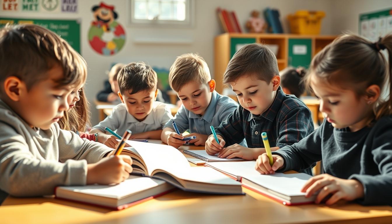 Students studying together in modern classroom